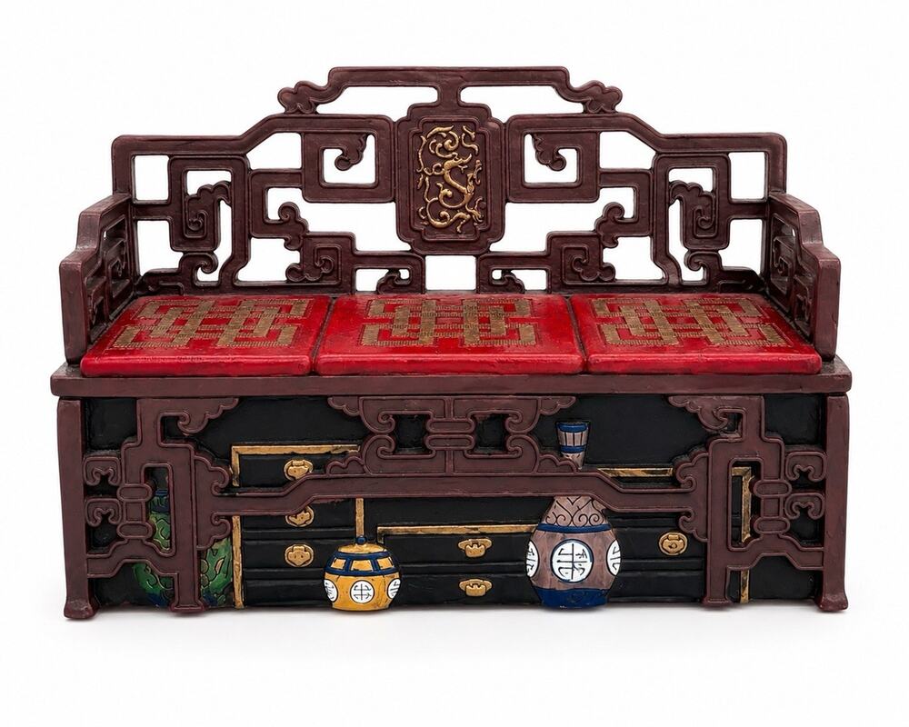 Enesco Asian Throne Sofa Bench Jewelry Box Chinese Style Trinket Decor VtG 2000